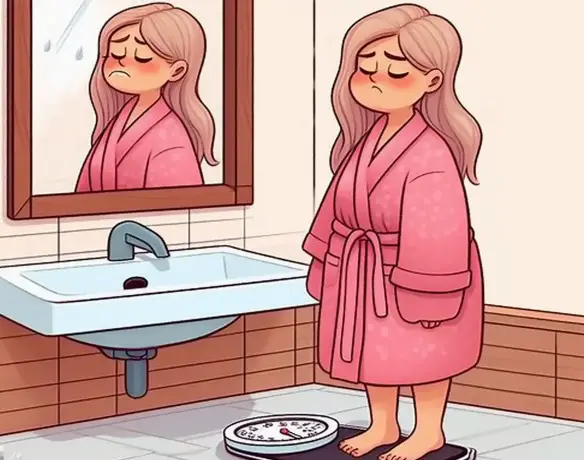 MEDICINA ONLINE EMILIO ALESSIO LOIACONO DISEGNO DI DONNA GRASSA SOVRAPPESO OBESA CHE PIANGE SULLA BILANCIA TRISTE IN BAGNO PERCHE NON RIESCO A DIMAGRIRE
