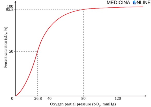 MEDICINA ONLINE CURVA DI SATURAZIONE DELL'EMOGLOBINA SATURAZIONE EMOGLOBINICA ARTERIOSA SANGUE SATURIMETRI MIGLIORE Hemoglobin saturation curve.jpg