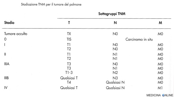 MEDICINA ONLINE TUMORE POLMONE STADIAZIONE CLASSIFICAZIONE TNM CANCRO LINFONODI ASSENZA PRESENZA METASTASI SIGNIFICATO SIGLE ACRONIMO PROGNOSI DIAGNOSI SCHEMA TABELLA